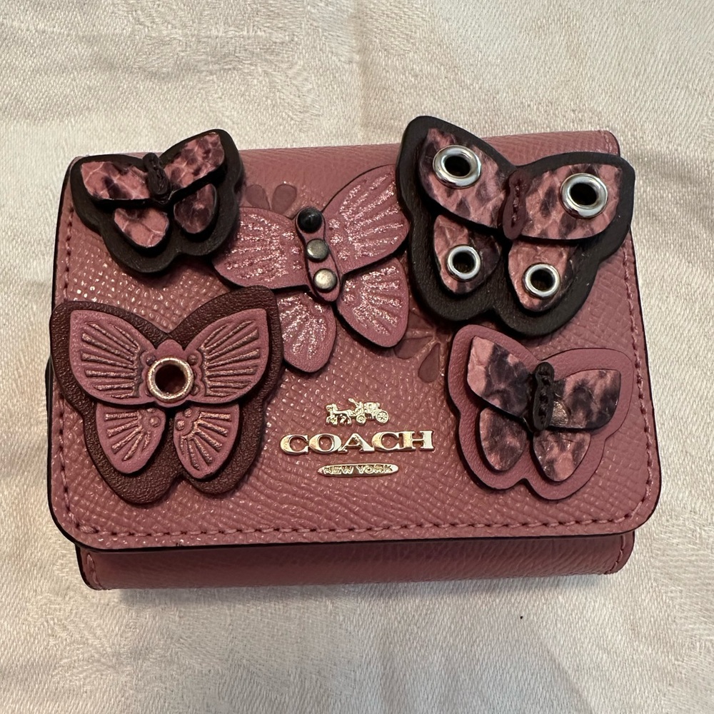 Coach Pink Leather Butterflies Tri-Fold Small Wallet RARE